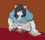  anthro apron belly big_breasts black_hair bodypaint breasts catti_(deltarune) cleaning cleavage clothed clothing container cup deltarune domestic_cat dress english_text eyeliner face_paint felid feline felis female frown fur furniture glass glass_container glass_cup hair half-closed_eyes hi_res highlights_(coloring) leaning leaning_forward looking_aside looking_down makeup mammal narrowed_eyes oriko_88 overweight overweight_anthro overweight_female purple_highlights signature solo table text tight_clothing tight_dress tray undertale_(series) video_games waiter white_body white_fur wipe 
