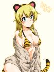  1girl 2022 animal_ears animal_print bikini blonde_hair blush breasts carpaccio_(girls_und_panzer) chinese_zodiac cleavage closed_mouth covered_nipples dated eyebrows_visible_through_hair fake_animal_ears girls_und_panzer green_eyes grey_sweater large_breasts long_hair looking_at_viewer oosaka_kanagawa shiny shiny_skin smile solo sweater swimsuit tail tiger_ears tiger_print tiger_tail year_of_the_tiger 