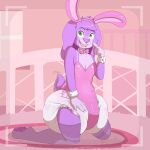  1:1 anthro big_diaper biped black_eyebrows bow_tie bunnykisses camera_view clothing diaper eyebrows fake_ears female floppy_ears fur glistening glistening_eyes green_eyes hair hi_res huge_diaper lagomorph leporid long_ears looking_at_viewer mammal open_mouth open_smile pink_clothing purple_body purple_ears purple_fur purple_hair purple_tail rabbit scut_tail short_hair short_tail smile solo teeth white_diaper 