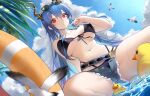  1girl absurdres arknights bikini bird black_bikini blue_hair blue_sky breasts ch&#039;en_(arknights) ch&#039;en_the_holungday_(arknights) cloud commentary_request cutoffs day denim denim_shorts dragon_horns front-tie_bikini front-tie_top goudaimu highres horns innertube large_breasts long_hair looking_at_viewer micro_shorts navel open_fly outdoors parted_lips red_eyes rubber_duck seiza shorts sitting sky solo stomach swimsuit thighs very_long_hair water 