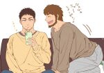  04sora40 2boys beard brown_hair cellphone closed_eyes commentary couch crawling denim eating facial_hair food jeans kneeling leaning_forward long_sleeves looking_at_another looking_at_phone male_focus multiple_boys open_mouth pants phone pocky smile stubble translated yaoi 