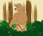  absurd_res anthro back_muscles big_muscles bottomwear brown_body brown_eyes brown_fur brown_nose butt capreoline cervid clothed clothing dialogue forest forest_background fur hi_res loincloth lotu_bleu male mammal muscular nature nature_background noah_(lotu_bleu) partially_clothed pecs plant smile solo text tree white-tailed_deer white_butt 