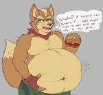  2022 anthro belly belly_grab belt big_belly bodily_fluids bottomwear burger canid canine chubby_anthro chubby_male claws clothing eggo21 fangs fingerless_gloves food fox fox_mccloud fur gloves green_bottomwear green_clothing green_pants handwear hi_res holding_burger holding_food holding_object looking_away male mammal navel nervous_sweat nintendo open_mouth overweight overweight_anthro overweight_male pants raised_tail red_scarf rumbling_stomach scarf shirtless shirtless_male slightly_chubby solo star_fox sweat sweatdrop teeth text thought thought_bubble tongue video_games 