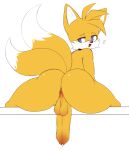  2_tails anthro anus backsack balls blue_eyes butt canid canine foreskin fox fur genitals hi_res looking_back male mammal miles_prower multi_tail nude open_mouth penis pururing sega simple_background solo sonic_the_hedgehog_(series) thick_thighs video_games white_background yellow_body yellow_fur 