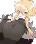  1girl blonde_hair blush breasts dress grey_dress hair_bun highres jacket koyashaka large_breasts leaning_back long_hair long_sleeves looking_at_viewer nicole_elika_(koyashaka) original pale_skin solo whip white_background yellow_eyes 