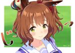  1girl animal_ears aston_machan_(umamusume) blush brown_hair collarbone commentary_request crown green_background green_eyes highres horse_ears horse_girl kuromitu_(kuromitu0813) looking_at_viewer portrait school_uniform simple_background smile solo twitter_username umamusume 