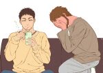  04sora40 2boys beard blush brown_hair cellphone commentary couch covering_eyes denim facial_hair food jeans long_sleeves looking_at_phone male_focus multiple_boys original pants phone pocky sigh socks stubble translated white_background yaoi 