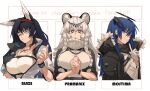  3girls animal_ear_fluff animal_ears arknights bangs black_eyes black_hair black_jacket blaze_(arknights) blue_eyes blue_hair bracelet braid breasts buttons collarbone commentary crop_top cropped_torso crossed_bangs dark_halo english_text eyebrows_visible_through_hair gloves hair_between_eyes hairband half_gloves hand_up highres horns huge_breasts index_finger_raised interlocked_fingers jacket jewelry knifedragon large_breasts light_blue_eyes long_hair mostima_(arknights) multiple_girls necklace one_eye_closed open_clothes open_jacket open_mouth own_hands_together parted_lips pramanix_(arknights) red_hairband slit_pupils upper_body watch white_background white_gloves white_hair white_jacket 