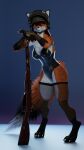  3d_(artwork) 9:16 absurd_res anthro armor bunny_costume canid canine clothed clothing costume digital_media_(artwork) female fox fur gun handgun headgear helmet hi_res holding_object legwear looking_at_viewer mammal pinup pose ranged_weapon rosa(rosecreates) rosecreates simple_background smile solo stockings weapon 