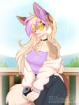  5_fingers anthro breasts canid canine clothed clothing day detailed_background ear_piercing ear_ring ei-ka eyebrows eyelashes eyewear female fingers fox glasses hi_res looking_at_viewer mammal outside piercing sky 