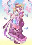  1girl animal_print artist_name blush bow bug butterfly butterfly_print carnelian cherry_blossoms expressionless flower full_body hair_bow hair_flower hair_ornament headdress japanese_clothes kanzashi kimetsu_no_yaiba kimono kochou_shinobu looking_at_viewer namesake petals pink_flower purple_eyes purple_hair purple_lips solo standing wisteria 