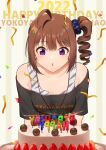  1girl ahoge background_text bangs blowing blue_scrunchie brown_hair character_name commentary confetti dated drill_hair english_text eyebrows_visible_through_hair grey_shirt hair_ornament hair_scrunchie happy_birthday idolmaster idolmaster_million_live! jewelry kamille_(vcx68) leaning_forward looking_at_viewer medium_hair necklace off-shoulder_shirt off_shoulder open_mouth parted_lips pov print_shirt purple_eyes scrunchie shirt shirt_straps short_sleeves side_drill side_ponytail star_(symbol) star_print streamers t-shirt yokoyama_nao 