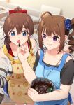  2girls ahoge apron black_shirt blue_apron blue_eyes blue_scrunchie blurry blurry_background bow bowl bowtie brown_hair chocolate commentary drill_hair grey_shirt grin hair_bow holding holding_bowl idolmaster idolmaster_million_live! indoors jewelry kamille_(vcx68) long_sleeves medium_hair mixing_bowl multiple_girls necklace open_mouth orange_apron pinky_out ponytail print_scrunchie purple_eyes red_bow red_bowtie satake_minako scrunchie shirt shirt_straps short_sleeves side-by-side side_drill side_ponytail sidelocks smile spatula star_(symbol) star_print t-shirt valentine yokoyama_nao 