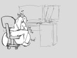  2016 after_vore anthro balls big_balls canid canine canis chair cock_vore coyote desk furniture genitals gynomorph huge_balls hunched_over hyper hyper_balls hyper_genitalia intersex krasnya krasnyakoiot_(artist) mammal masturbation office_chair penile penile_masturbation penis sketch solo table vore 