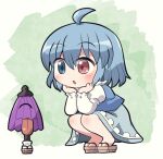  1girl ahoge aqua_skirt aqua_vest blue_eyes blue_hair blush eyebrows_visible_through_hair full_body geta hair_between_eyes karakasa_obake long_sleeves open_mouth red_eyes rokugou_daisuke shirt short_hair signature skirt solo tatara_kogasa touhou umbrella white_shirt 