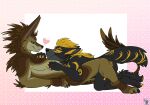  anthro anubian_jackal blush canid canine canis claws collar couple_(disambiguation) cuddling digital_media_(artwork) domestic_dog duo electroporn fangs feathers fox fur hi_res invalid_tag jackal lying male male/male mammal on_top paws romantic simple_background smile teeth 