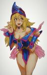  1girl bare_shoulders blonde_hair breasts cleavage dark_magician_girl duel_monster green_eyes hat highres large_breasts long_hair mossacannibalis open_mouth simple_background smile solo wizard_hat yu-gi-oh! 