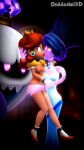  boo_(mario) breasts clothing crown cuff_(restraint) female female/female footwear freckles genitals group hellen_gravely hi_res high_heels human king_boo kissing luigi&#039;s_mansion male mammal mario_bros mostly_nude nintendo nipples onmodel3d princess_daisy pussy restraints shackles socks tongue tongue_out video_games 