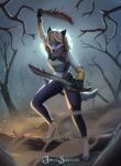  absurd_res anthro armor background_smoke canid canine canis clothed clothing detailed_background digital_media_(artwork) domestic_dog fangs feet female fingers hair hi_res holding_object holding_weapon jakeseeker mammal medieval medieval_clothing melee_weapon moon standing sword topwear weapon 
