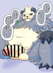  2022 absurd_res anthro balls belly black_body black_nose blush bodily_fluids censored cute_fangs erection genital_fluids genitals hi_res humanoid_genitalia humanoid_penis japanese_text kemono male nintendo overweight overweight_male pangoro penis pok&eacute;mon pok&eacute;mon_(species) precum simple_background sitting solo text toba2110 video_games white_body 