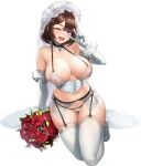  1girl areolae bangs blue_eyes blush bouquet breasts bridal_lingerie bridal_veil brown_hair choker cleavage elbow_gloves flower full_body garter_belt garter_straps gloves highres lace lace_choker large_breasts last_origin lingerie mole mole_under_mouth mr.yun navel one_eye_closed red_flower red_rose rose short_hair smile solo tachi-e talon_feather_(last_origin) thighhighs transparent_background underwear veil white_gloves 
