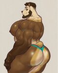  2022 anthro back_muscles beard big_butt big_muscles butt clothing eyebrows facial_hair fur grey_background hair hi_res hunnipanda looking_at_viewer male mammal muscular muscular_anthro muscular_male nipples pecs simple_background smile solo standing thick_thighs thong triceps tuft underwear ursid 