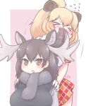  &gt;_&lt; 2girls :3 animal_ears antlers big_hair blonde_hair blush brown_hair brown_scarf brown_sweater commentary_request eating_hair extra_ears eyebrows_visible_through_hair fang fur_collar hands_on_another&#039;s_shoulders kemono_friends lion_(kemono_friends) lion_ears lion_girl lion_tail long_hair long_sleeves moose_(kemono_friends) moose_ears moose_girl multiple_girls plaid plaid_skirt plaid_trim pleated_skirt red_skirt scarf shirt short_sleeves skirt sweater tail uho_(uhoyoshi-o) white_shirt 