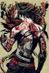  1boy 2021 arm_at_side arm_wrap belt black_hair copyright_request covered_face cowboy_shot dragon eastern_dragon fox_mask from_behind full-body_tattoo ink long_hair male_focus mask multiple_belts nexie non-web_source red_sun short_hair_with_long_locks solo studded_belt tattoo topless_male yellow_background 