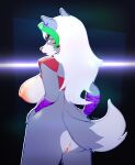  2022 animatronic anthro big_breasts breasts butt canid canine canis digital_media_(artwork) female five_nights_at_freddy&#039;s five_nights_at_freddy&#039;s:_security_breach genitals green_hair hair hi_res machine mammal nipples robot roxanne_wolf_(fnaf) scottgames simple_background sjevi solo video_games white_hair wolf 