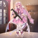  1girl breasts closed_mouth dragon_girl dragon_tail dress duel_monster eyebrows_visible_through_hair full_body fuyuki_(neigedhiver) gun heterochromia highres holding holding_gun holding_weapon horns howa_type_20 indoors maid nurse_dragonmaid pink_dress pink_hair short_sleeves sidelocks smile solo tail thighhighs weapon yu-gi-oh! 