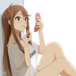  1girl against_wall applying_makeup bangs bare_legs blue_eyes blue_nails brown_hair compact_(cosmetics) grey_eyes highres idolmaster idolmaster_million_live! lipgloss long_hair looking_away makeup nail_polish neji_(nezi_hs) open_mouth parted_lips shirt sitting solo t-shirt tokoro_megumi twitter_username white_background 