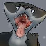 ambiguous_gender anthro bodily_fluids canid canine canis drooling fur grey_body grey_fur hi_res kais_studios mammal mouth_shot open_mouth pointing_at_mouth saliva solo symmetry vore watermark wolf 