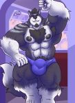  2020 5_fingers anthro arm_hair armpit_hair barefoot beard big_bulge big_muscles black_claws black_hair black_nipples black_nose black_sclera blue_body blue_fur body_hair bulge canid canine canis chest_hair claws clothed clothing domestic_dog ear_piercing ear_ring facial_hair feet fingers fur green_eyes grin hair hairy hand_on_hip hi_res huge_muscles humanoid_feet humanoid_hands husky leg_hair looking_at_viewer male mammal muscular muscular_anthro muscular_male nipples nordic_sled_dog piercing pubes smile solo spitz standing striped_body striped_fur stripes topless underwear underwear_only white_body white_fur yasser zekken 