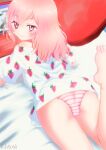  1girl absurdres ass bangs barefoot crossed_bangs food_print hair_between_eyes highres inui_sajuna kasuga_rurito long_hair looking_at_viewer looking_back lying on_stomach panties pink_eyes pink_hair shirt solo sono_bisque_doll_wa_koi_wo_suru strawberry_print striped striped_panties underwear white_shirt 