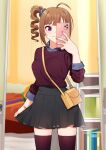  1girl ahoge bag bangs bedroom black_skirt blue_shirt blurry blurry_background bracelet brown_hair carrying cellphone closed_mouth collared_shirt commentary drill_hair earrings eyebrows_visible_through_hair grey_scrunchie hair_ornament hair_scrunchie handbag holding holding_photo idolmaster idolmaster_million_live! indoors jewelry kamille_(vcx68) long_sleeves looking_at_mirror looking_at_viewer medium_hair miniskirt mirror phone photo_(object) purple_eyes purple_legwear purple_shirt scrunchie selfie shirt side_drill side_ponytail skirt skirt_hold smartphone smile solo standing thighhighs yokoyama_nao 