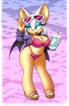  5_toes absurd_res anthro beverage big_breasts bikini breasts chiropteran clothing english_text eyewear fangs feet female footwear hi_res jacket mammal navel navel_piercing omegasunburst open_mouth piercing rouge_the_bat sandals sega solo sonic_the_hedgehog_(series) sunglasses swimwear teal_eyes text toes topwear video_games wings 