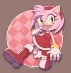  1girl amy_rose boots bracelet dress furry furry_female gloves green_eyes hairband highres jewelry lunaerim red_dress red_footwear red_hairband smile solo sonic_(series) twitter_username white_gloves 