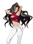  1girl absurdres armpits arms_behind_back black_hair breasts cleavage copyright_request green_eyes highres kokonotsunbai looking_at_viewer medium_breasts midriff multicolored_hair pants seductive_smile simple_background smile solo two-tone_hair white_background white_pants 