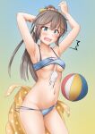  1girl anti_(untea9) ball beachball bikini blue_background breasts brown_hair embarrassed gradient gradient_background grey_eyes hair_ribbon highres kantai_collection kazagumo_(kancolle) long_hair official_alternate_costume ponytail ribbon small_breasts solo swimsuit 