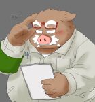  2022 anthro blush clothing cute_fangs eyewear facial_hair glasses humanoid_hands kemono male mammal mature_male mustache overweight overweight_male shirt solo suid suina sus_(pig) topwear toshi_(artist) wild_boar 