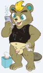  after_orgasm animal_crossing anthro balls beaver belly blonde_hair blue_eyes blush bodily_fluids bottomless bottomless_male brown_body brown_fur c.j._(animal_crossing) cellphone clothed clothing cum cum_on_face cum_on_shirt flaccid fur genital_fluids genitals hair hi_res male mammal navel nintendo penis phone rodent slightly_chubby smartphone solo tbid video_games 