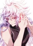  1boy bishounen black_shirt blush colored_tips earrings facing_viewer fate/grand_order fate_(series) heeparang jewelry looking_to_the_side merlin_(fate) messy_hair multicolored_hair pale_skin purple_eyes purple_hair putting_on_jewelry shirt sleeveless white_hair 
