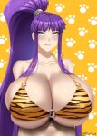  1girl animal_print bangs bikini bikini_top_only biting breasts cleavage eiken gigantic_breasts huge_breasts lip_biting long_hair misono_kirika o-ring o-ring_top paw_print paw_print_background purple_eyes purple_hair simple_background swimsuit tiger_print twrlare very_long_hair 