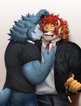  absurd_res anthro blush breke canid canine canis chuurow duo felid food fur hair hi_res lifewonders male male/male mammal muscular muscular_anthro muscular_male nomad_(tas) pantherine pocky pocky_in_mouth red_hair shocked_expression striped_body striped_fur stripes tiger tokyo_afterschool_summoners video_games wolf 