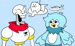 absurd_res annoying_dog_(undertale) anthro avian beak bird blue_hair bone canid canine canis dialogue domestic_dog duo feathers female feral fur hair hi_res male mammal martlet_(undertale_yellow) neck_tuft papyrus_(undertale) scarf skeleton tail teeth tuft undertale undertale_(series) undertale_yellow white_body white_fur wings zepiereite