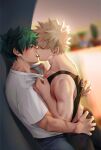  2boys ass_grab bakugou_katsuki black_pants black_tank_top blonde_hair boku_no_hero_academia freckles french_kiss green_eyes green_hair highres kiss lying male_focus midoriya_izuku multiple_boys open_mouth pants scar seoltang_(nitro_sugar) shirt short_hair spiked_hair tank_top tongue tongue_out white_shirt yaoi 