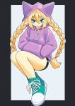  1girl animal_nose aqua_eyes aqua_footwear bike_shorts black_border blonde_hair border braid cat_girl converse drawstring english_commentary furry furry_female hair_between_eyes hands_in_pockets highres hood hood_up hoodie legs original outline outside_border purple_hoodie shoes solo twin_braids uno_usaya 