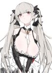  1girl azur_lane bangs between_breasts breasts cleavage closed_mouth detached_sleeves dress earrings eyebrows_visible_through_hair formidable_(azur_lane) frilled_dress frills grey_hair hair_ribbon highres jewelry large_breasts long_hair ocha_(popopogg) ribbon simple_background sketch solo twintails white_background 