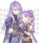  1boy 1girl argyle argyle_background armor arthur_(fire_emblem:_genealogy_of_the_holy_war) black_cape black_dress black_gloves brother_and_sister cape closed_mouth commentary_request dress eyelashes fire_emblem fire_emblem:_genealogy_of_the_holy_war glint gloves gold_trim grey_background haconeri hair_intakes long_hair multi-tied_hair open_mouth purple_cape purple_eyes purple_hair shoulder_armor siblings simple_background tine_(fire_emblem) twintails two-tone_background white_background 