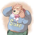 2024 absurd_res anthro bear belly big_belly black_nose bottomwear brown_body brown_fur clothing fur hi_res humanoid_hands kemono male mammal overweight overweight_male pants scarf simple_background solo sweater tail_person topwear